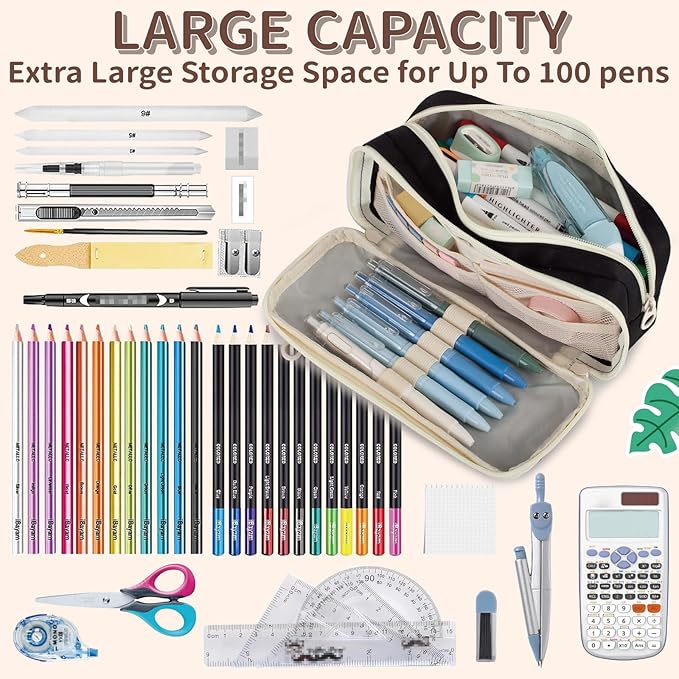 Large Capacity Pencil Case with Compartments, School Pencil Bags with Zipper, Big Storage Pen Bag for Teen Girl Boy Men Women, Adult Stationery Pen Bag for School College and Office