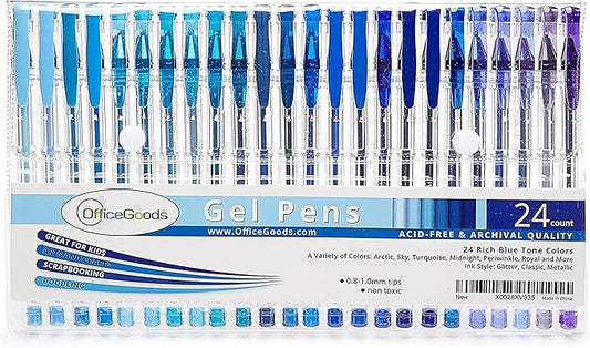 OfficeGoods Blue Gel Pens with Refills – Colored Adults Coloring Art – Medium 0.8-1.0mm Tips – Non-Toxic Gel Pens Set – Quick Dry Smudge-Free 24 Pack Colors