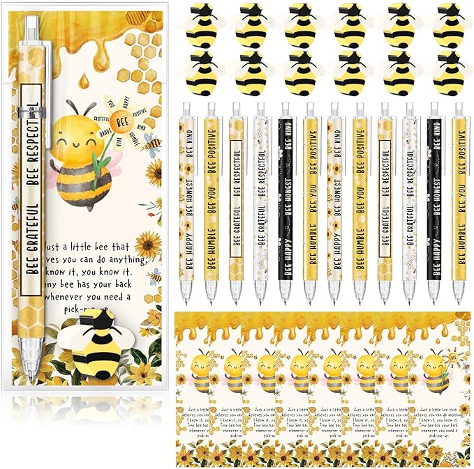 60 Sets Inspirational Bee Gifts Bulk 6 Styles 0.7 mm Motivational Mechanical Pencils with Erasers Positive Cards Back to School Gifts for Student Teacher Coworker Office Supplies