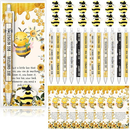 30 Sets Inspirational Bee Gifts Bulk 6 Styles 0.7 mm Motivational Mechanical Pencils with Erasers Positive Cards Back to School Gifts for Student Teacher Coworker Office Supplies