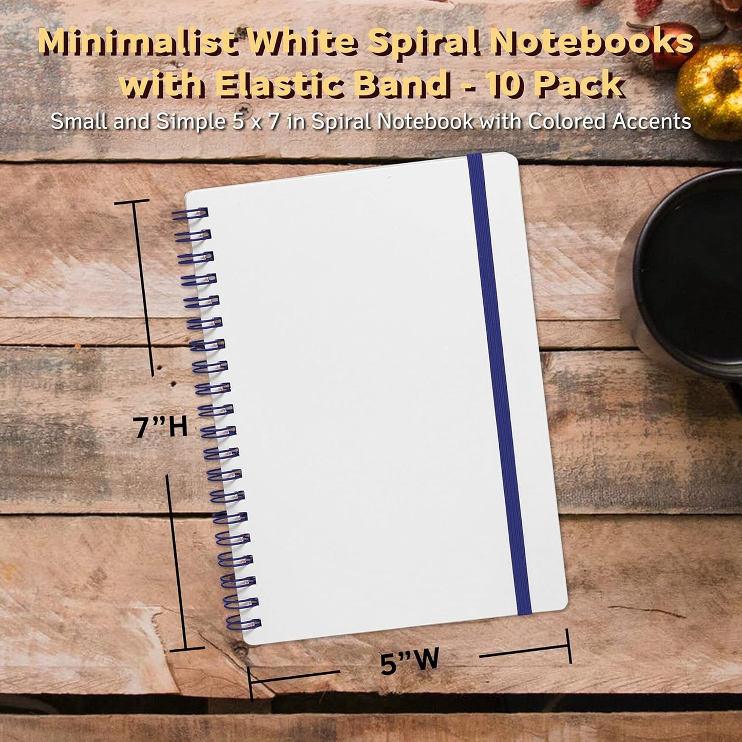 10 White Spiral Notebooks with Elastic Band Pack - 80 lined pages, Recycled - Blue