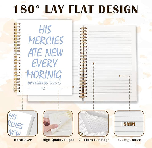 Qabliqo Trendy Blue Christian Spiral Notebooks, His Mercies Are New Every Morning Bible Journal, Religious Scripture Journals for Writing, Bible Verse Notebook for Note Taking, 5.5x8.3 Inch