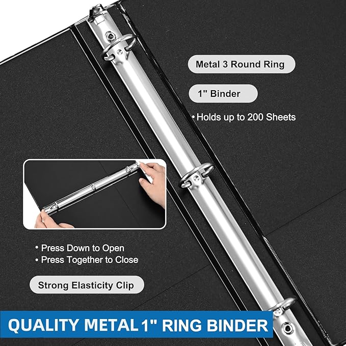 1 inch 3-Ring Binder, 1" Round Ring Binder with 2 Inside Pockets, Bulk Basic Binders, Clear View Cover 1-inch Binders Holds 8.5'' x 11''Paper for Office/Home/Back to School（Pack of 12, Black