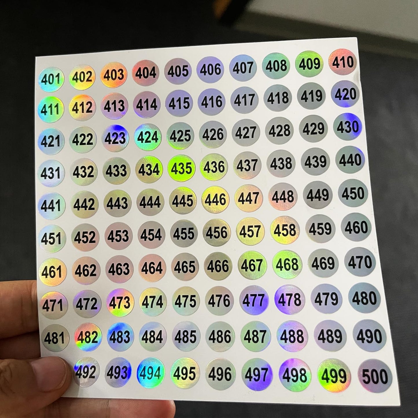 20 Sheets 1 to 500 Waterproof Reflective Laser Number Stickers,Round Self Adhesive Stickers/Inventory/Storage Organizing Sticker
