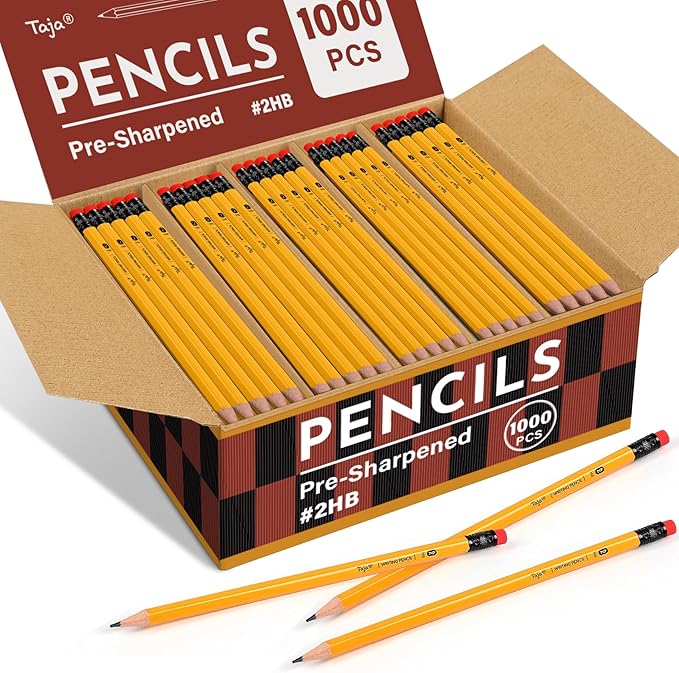 Wood-Cased #2 Pencils with Erasers, 1000 Pack Pre-sharpened Pencil, HB Lead, Bulk Yellow Pencils for School Teacher Supplies, Writing, Sketching and Drawing