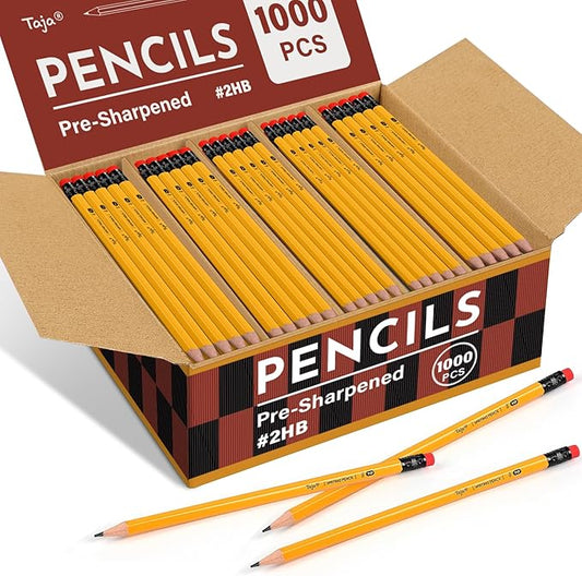 Wood-Cased #2 Pencils with Erasers, 1000 Pack Pre-sharpened Pencil, HB Lead, Bulk Yellow Pencils for School Teacher Supplies, Writing, Sketching and Drawing