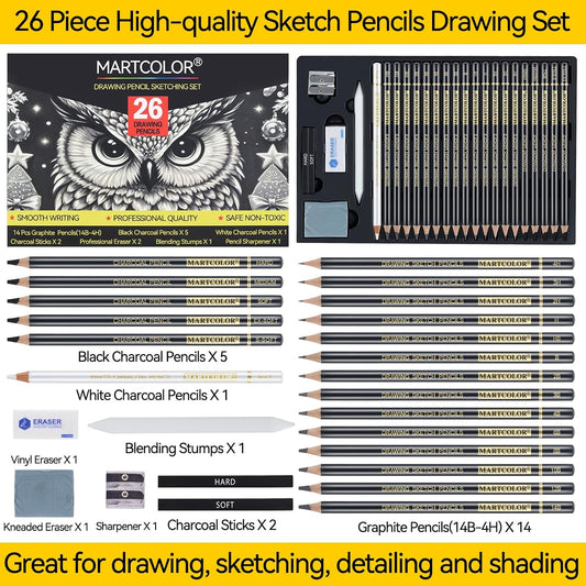 Drawing Sketching Pencil Set, 26 Pieces, Graphite Pencils (14B-4H), Charcoal Pencils, Charcoal Sticks, Blending Stump, Eraser, Sharpeners, Artist Pencils for Beginners & Pro Artists