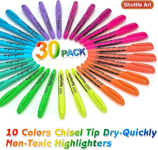 Shuttle Art Highlighters, 30 Pack Highlighters Assorted Colors, 10 Colors Chisel Tip Dry-Quickly Non-Toxic Highlighter Markers for Adults Kids Highlighting in Home School Office