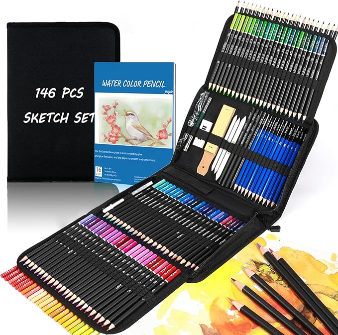 146Pcs Drawing and Sketching Colored Pencils Set, Art Supplies Include Sketch Charcoal Colored Metallic Watercolor Graphite Mark Pencils, Professional Drawing kit and Sketchbook for Artists Adult