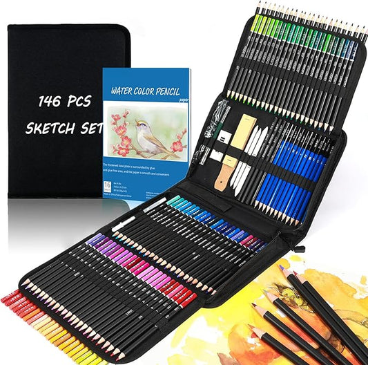 146Pcs Drawing and Sketching Colored Pencils Set, Art Supplies Include Sketch Charcoal Colored Metallic Watercolor Graphite Mark Pencils, Professional Drawing kit and Sketchbook for Artists Adult