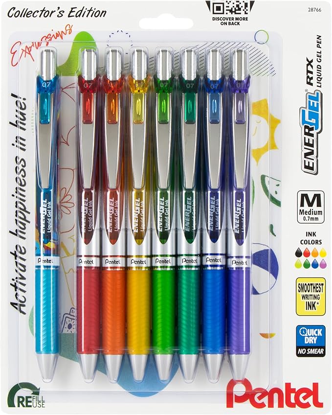 Pentel EnerGel RTX Retractable Liquid Gel Pen, Happiness Expressions Pack, 0.7mm, Metal Tip, Medium Line, Assorted Ink, Pack of 8 Pens (BL77XHAPBP8M)