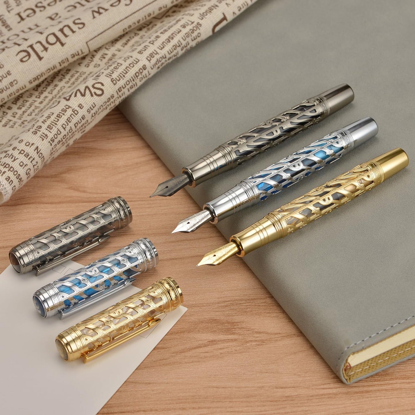 Hongdian A6 Piston Fountain Pen Extra Fine Soft Nib, Silver Blue Hollow Skeleton & Resin Pen with Metal Case Set