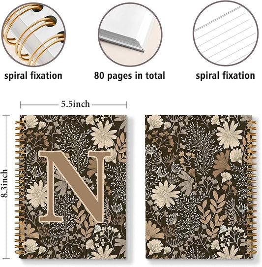 Initial N Personalized Journal Notebook, Boho Floral Journaling Notebooks for Women Girls, Costom Monogrammed Gifts for Women Mom Girls Friends, Letter Spiral Notebook, 5.5x8.3
