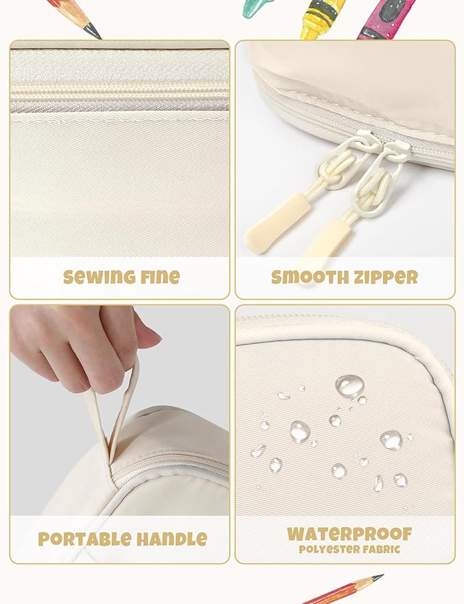 SUNEE Cute Pencil Case, Aesthetic Pen Pouch, Colored Large Pencil Bag with Zipper, Kawaii Stationery Storage and Organizer, School Supplies for Teen and Adult Girls, Beige