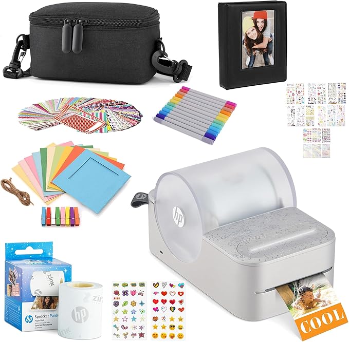 HP Sprocket Panorama Instant Portable Color Label & Photo Printer (Grey) Gift Bundle with case, Zink roll, Photo Album, Markers, Stickers and Frames