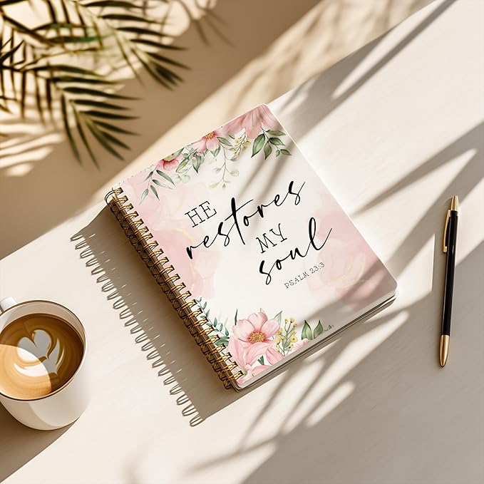 Bible Notebook, A5 Spiral Christian Journal with Floral Pink Butterfly Notebook, Bible Verse-He Restores My Soul, Inspirational Notebooks for Women, Bible Study, Gift for Birthday Christmas, Office Supplies (Light pink)