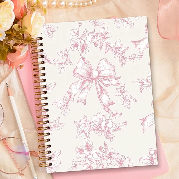 JXREQ Pink Bow Floral Chinoiserie Notebook Journal for Women Note Taking Writing Bible Notes, Coquette Aesthetic Office School Supplies, Girly Spiral Notebooks 5.5x8.3