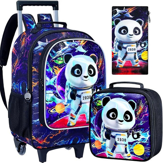 3PCS Rolling Backpack for Boys, Kids Roller Bookbag with Wheels, Panda Wheeled School Backpack for Elementary Preschool Kindergarten(Black)