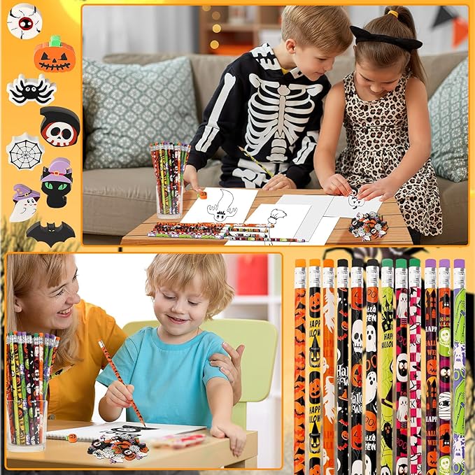 JULMELON 72PCS Halloween Party Favors Set,36PCS Halloween Pencils with 36PCS Ghost Pumpkin Skeleton Bat Spider Erasers, Wooden Pencils for Kids School Classroom Office Party Reward Supplies