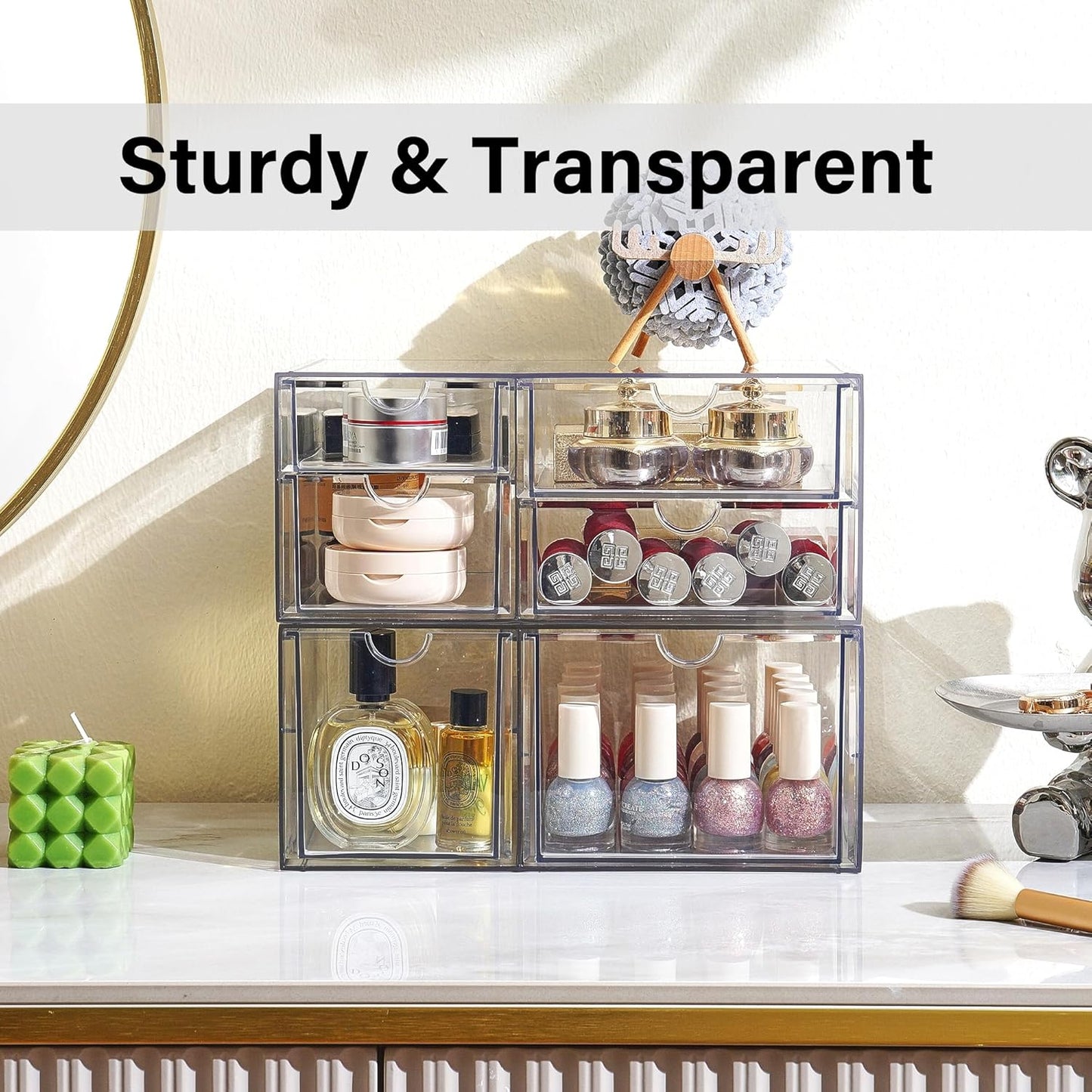 Prsildan Acrylic Drawer Makeup Organizer with 6 Drawers, Set of 2 Office Desk Organizers Accessories, Clear Stackable Storage Drawers for Vanity, Craft, Not for Baby Bottle (Largest Drawer 4" Tall)