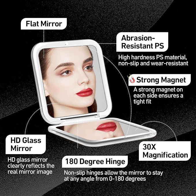 Compact Mirror, 30X Magnifying Mirror, Square Travel Makeup Mirror, 3.3x3.3 inch Small Pocket Mirror, Women's Magnetic Portable Mirrors with Precision Tweezers, Black