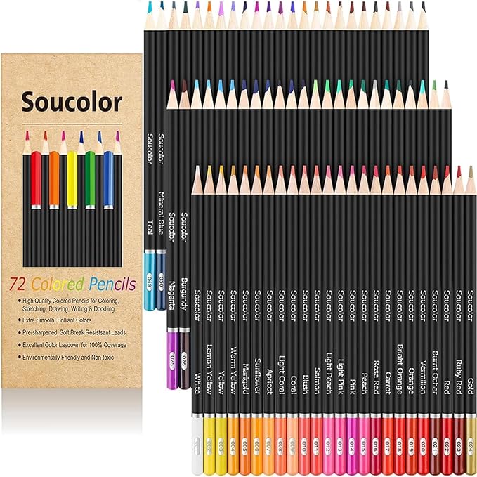Soucolor 72-Color Colored Pencils for Adult Coloring Books, Soft Core Color Pencil Set for Kids Art Supplies, Coloring Pencils for Adult Blending Shading Drawing, Stocking Stuffers for Teen Girl Gifts