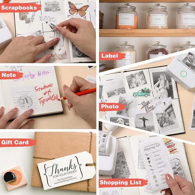 cudinham Print Pods Mini Printer, Thermal Inkless Sticker Maker with 3 Rolls Paper, Pocket Printpod for Phone, Impresora Portátil for Notes, Flashcards, Journal, DIY (Pure White)