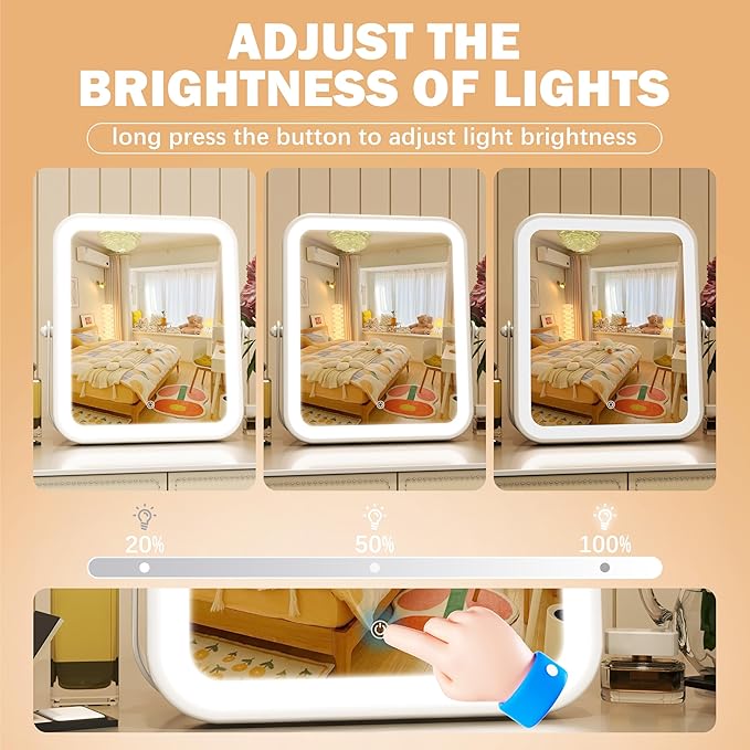 Home Mirror, 10x12 inches Lighted Vanity Makeup Mirror, Dimmable Touch Screen, Tabletop Mount, USB Plug-in, Adjustable, Portable