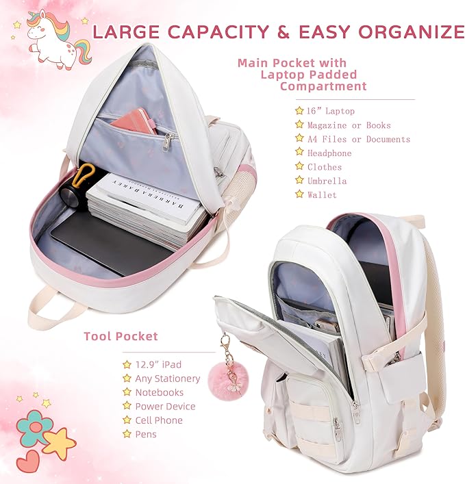 Girls Backpack,15.6 Inch Laptop School Bag Large Primary Elementary Middle College Bookbags Kids Backpacks for Teens Girls Women Students Anti Theft Travel Daypack (Off white)