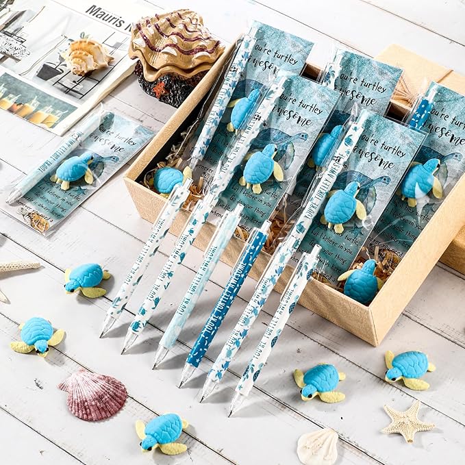 60 Sets Inspirational Turtle Gifts Bulk 6 Styles 0.7 mm Motivational Mechanical Pencils with Erasers Positive Cards Back to School Gifts for Student Teacher Coworker Office Supplies
