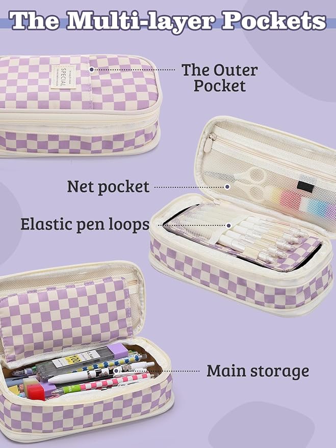 Large Capacity Pencil Case for Teens Girls - Cute Checkerboard Pencil Pouch with Zipper, Stationery Bag Box for Student Back to School Gifts, Purple