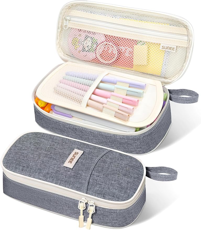 SUNEE Cute Pencil Case, Aesthetic Pen Pouch, Colored Large Pencil Bag with Zipper, Kawaii Stationery Storage and Organizer, School Supplies for Teen and Adult Girls, Gray