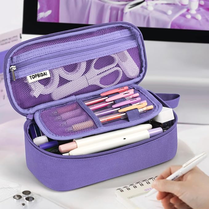 Large Pencil Case Pouch for Girls Boy Kids Children, Big Capacity Canvas Pencil Bag, Office College School Multi Compartment Zipper Stationery Pen Bag (Purple)