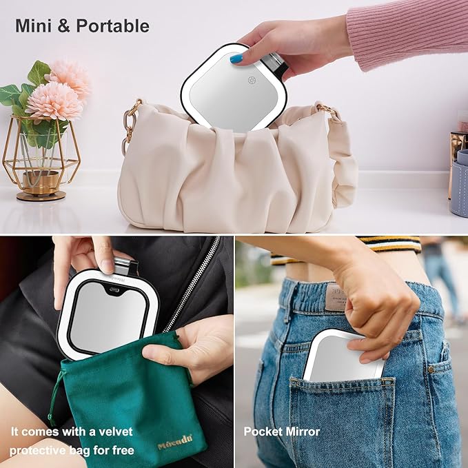 Mocado Compact Travel Makeup Mirror, 1X/30X Magnifying Mirror with Light, Double Sides Compact Mirror with 3 Color Light, Dimmable Handheld Mirror, Rechargeable Travel for Purse,Pocket(Black)