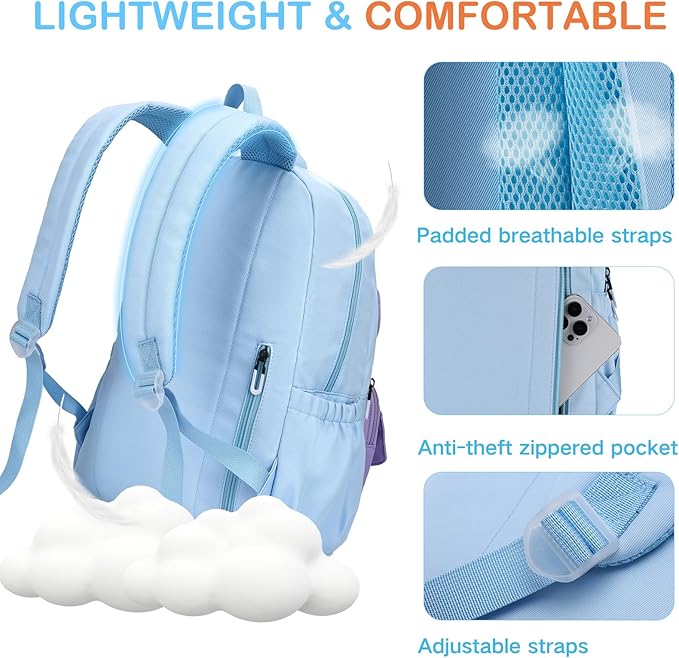 VASCHY Backpack for Girls, Cute School Bag Bookbag for Elementary Middle Schooler Teen Girls/Kids Travel with Clear Pin Pouch Sky Blue