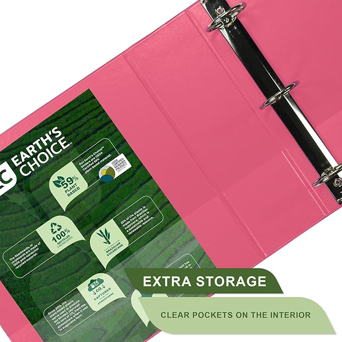 Samsill Earth’s Choice™, Durable Fashion Color 3 Ring View Binder, 3 Inch Round Ring, Up to 25% Plant Based Plastic, Eco-Friendly, USDA Certified Biobased, Pink Berry, Value 2 Pack (U86876)