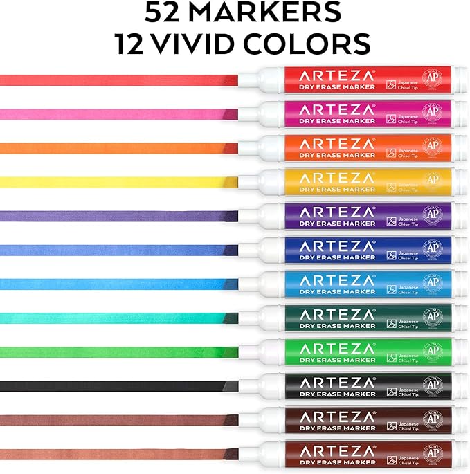 ARTEZA Dry Erase Markers Pack of 53, Chisel Tip, 12 Assorted Colors with Low-Odor Ink, Whiteboard Pens