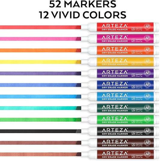 ARTEZA Dry Erase Markers Pack of 53, Chisel Tip, 12 Assorted Colors with Low-Odor Ink, Whiteboard Pens
