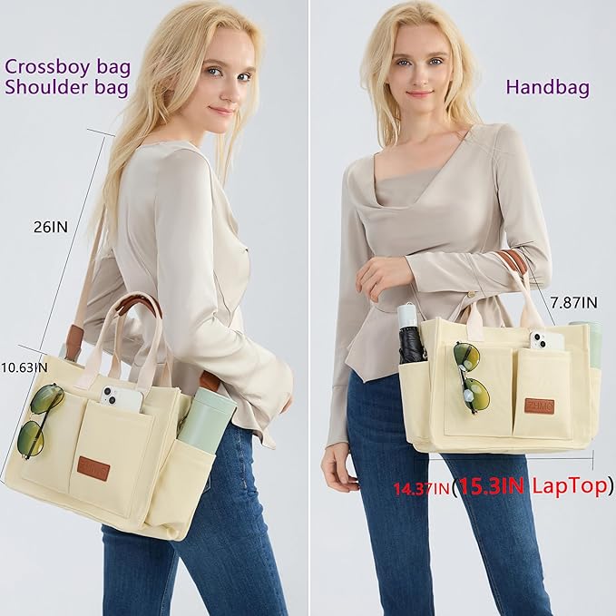 Tote Bag for Women With Compartments,Large Canvas Tote Women's Purse Crossbody Bags Work Laptop Book Bag Satchels Handbags