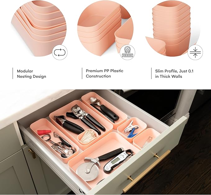 Spacesaver 20-Piece Plastic Drawer Organizer Set – Office, Makeup, Vanity, Bathroom & Desk Drawer Storage Trays – Stackable, Durable PP Bins in Multiple Sizes for Home & Office Organization