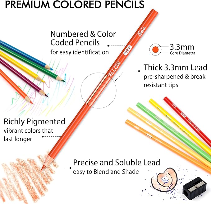 feela 152 Colored Pencils with Pencil Sharpener Premium Soft Core Colors Pencils Set for Adult Coloring Books