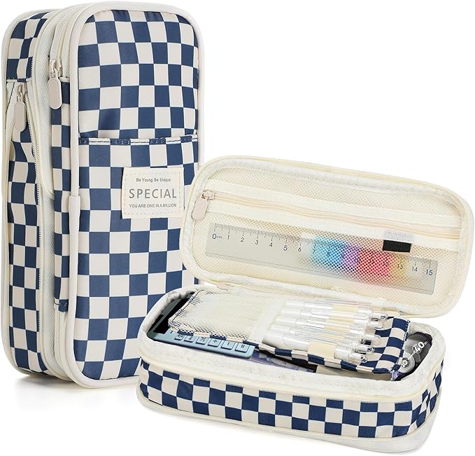 Large Capacity Pencil Case for Teens Girls - Cute Checkerboard Pencil Pouch with Zipper, Stationery Bag Box for Student Back to School Gifts, Blue