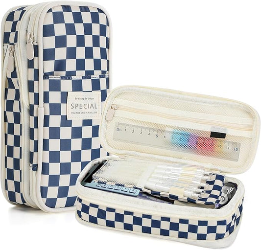 Large Capacity Pencil Case for Teens Girls - Cute Checkerboard Pencil Pouch with Zipper, Stationery Bag Box for Student Back to School Gifts, Blue