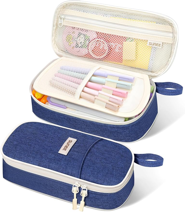 SUNEE Cute Pencil Case, Aesthetic Pen Pouch, Colored Large Pencil Bag with Zipper, Kawaii Stationery Storage and Organizer, School Supplies for Teen and Adult Girls, Navy Blue