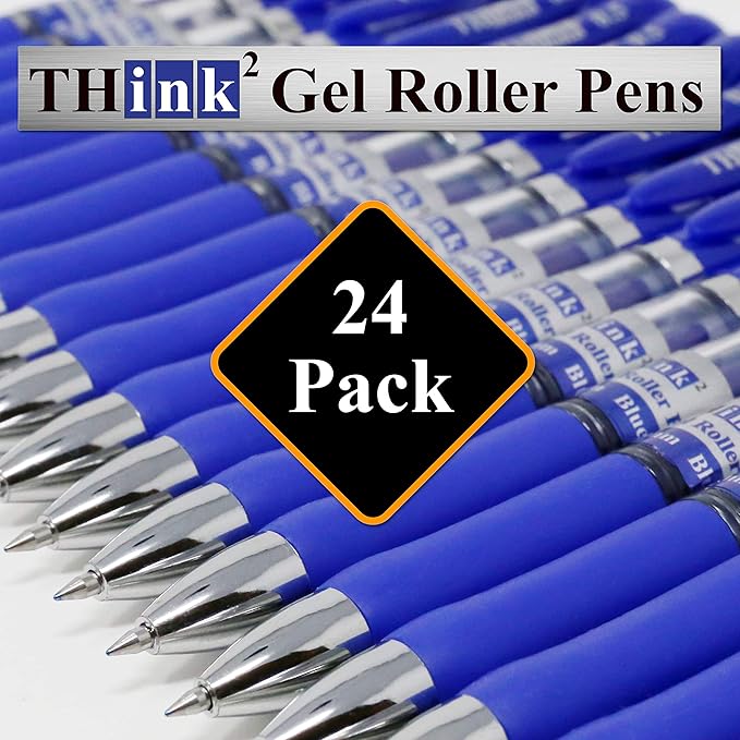 THINK2MASTER [24 Pens - Blue Ink] Think2 Retractable Gel Pens. (24 Blue) Fine Point (0.5mm) Rollerball Pens with Comfort Grip.