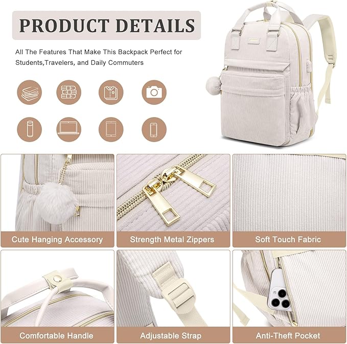 School Backpack for Girls Laptop Bookbag: Casual Corduroy Women Backpacks with USB Charging Port TSA Friendly Travel Back Pack with Anti-Theft Pockets Cute College Daypack for Teen Students Lady Beige