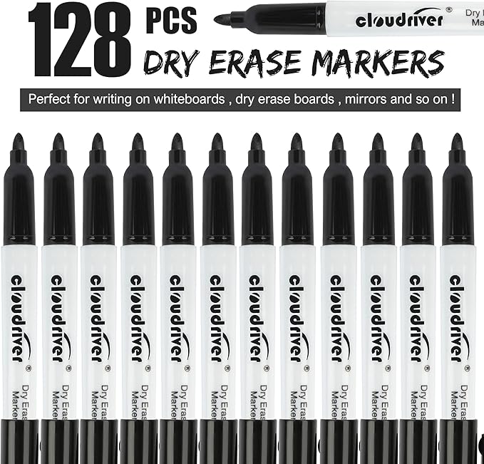 cloudriver Dry Erase Markers 128 Pack, Black Whiteboard Markers, Fine Tip, Low Odor, Bulk Dry Erase Marker For Office, home and School Supplies