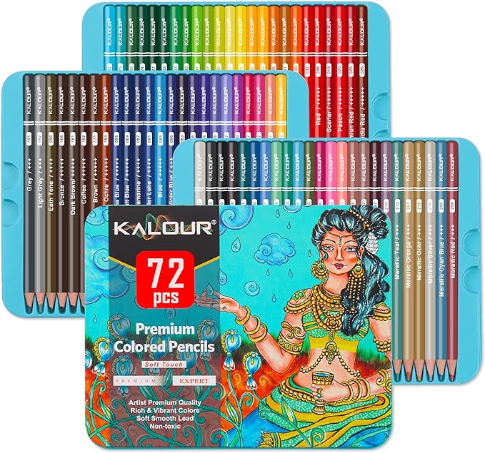 KALOUR Premium Colored Pencils,Set of 72 Colors,Artists Soft Core with Vibrant Color,Include 7 Metallic Color Pencils,Ideal for Drawing Sketching Shading,Coloring Pencils for Adults Beginners