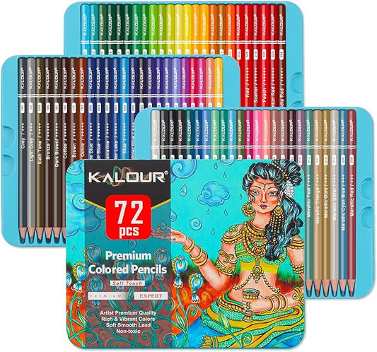 KALOUR Premium Colored Pencils,Set of 72 Colors,Artists Soft Core with Vibrant Color,Include 7 Metallic Color Pencils,Ideal for Drawing Sketching Shading,Coloring Pencils for Adults Beginners