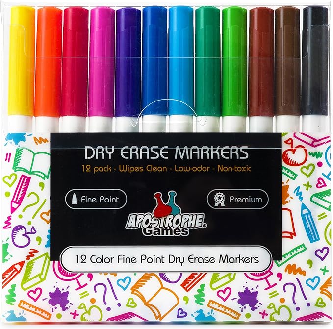 Apostrophe Games Fine Point Dry Erase Markers - Multicolor Variety Pack Pens, 12 Colors - Reusable Whiteboard Markers, Wipes Clean